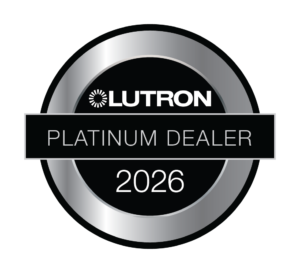 Lutron Badge Lutron Platinum Dealer badge shown as a silver circular ring with a black center, featuring the Lutron logo and the text PLATINUM DEALER 2026 for the MMIS website